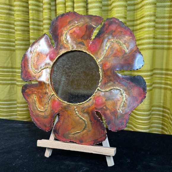 Vintage 1960s Torch-cut metal art, brutalist flower, small round mirror - Picture 1 of 7